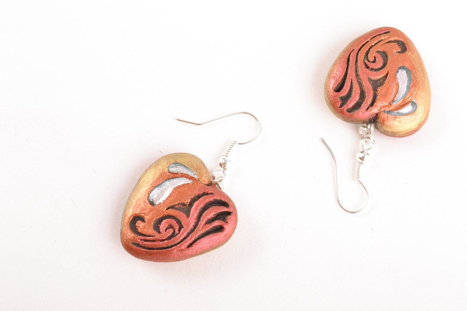 Heart shaped handmade clay earrings painted with acrylics photo 5