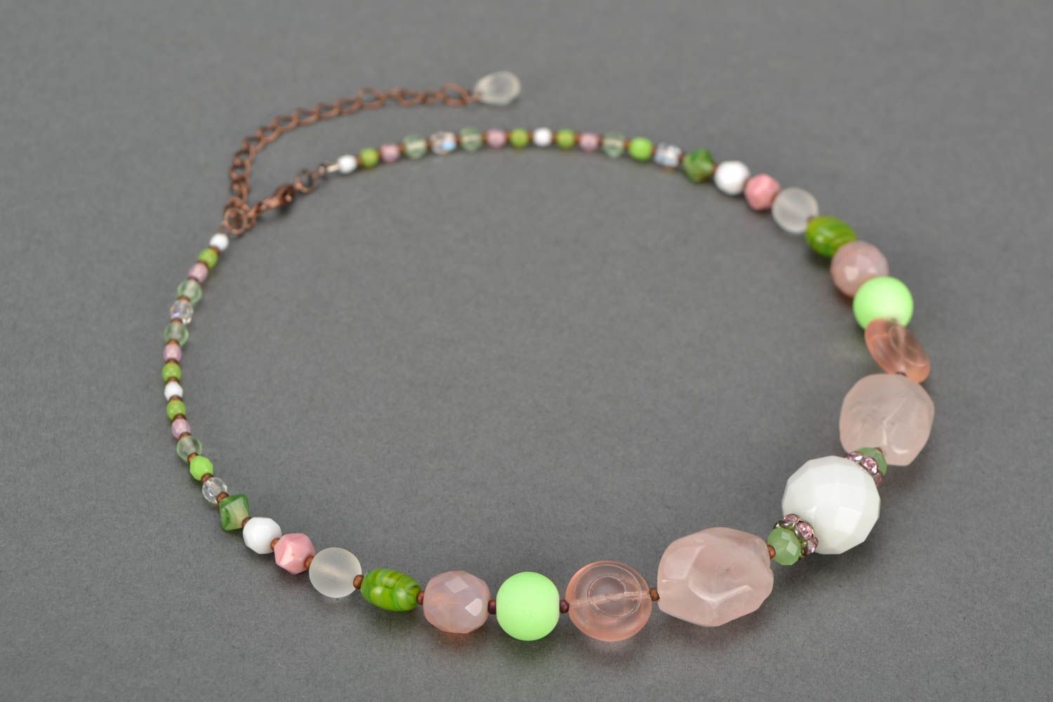 Pink necklace with natural stones quartz and agate handmade fancy jewelry photo 2