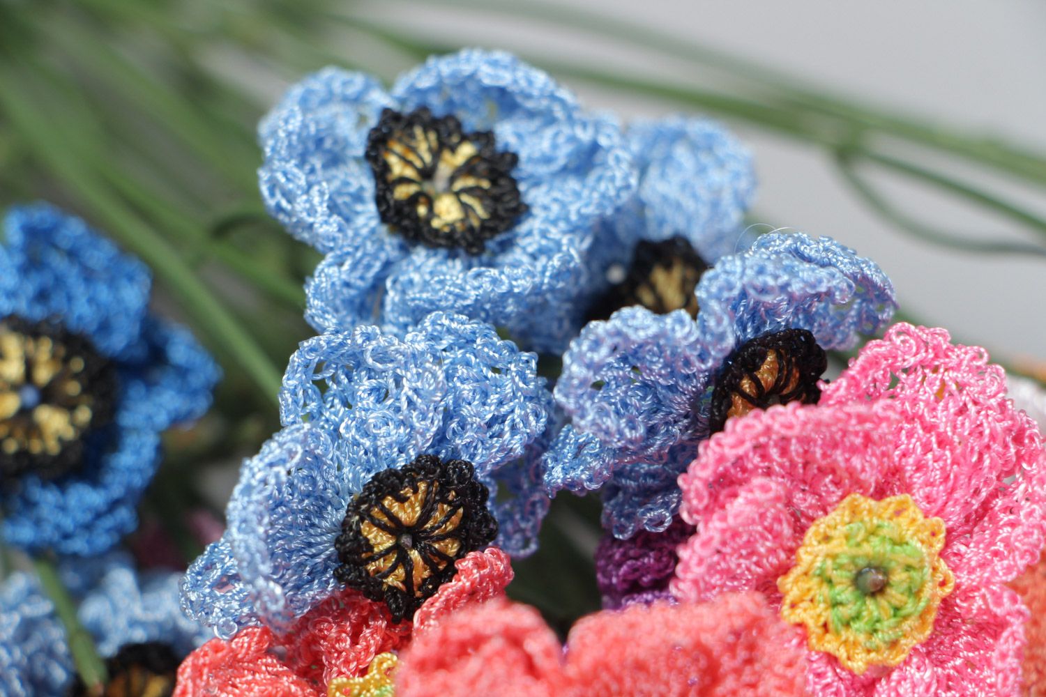 Bouquet of bright colorful decorative flowers crocheted of cotton threads photo 4