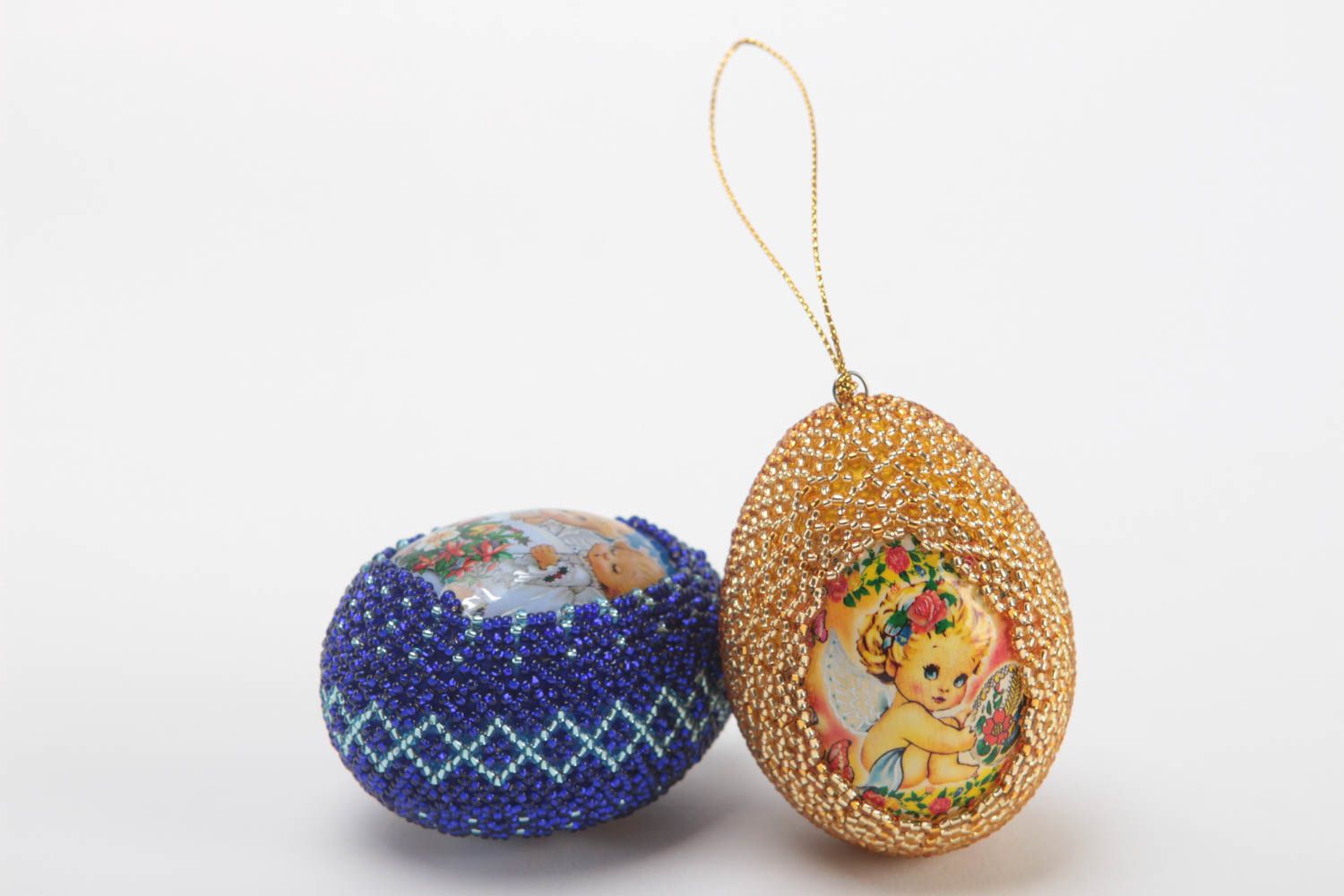Декоративные яйцв из бисера набор из 2 штук на деревянной основе ручная работа фото 4
