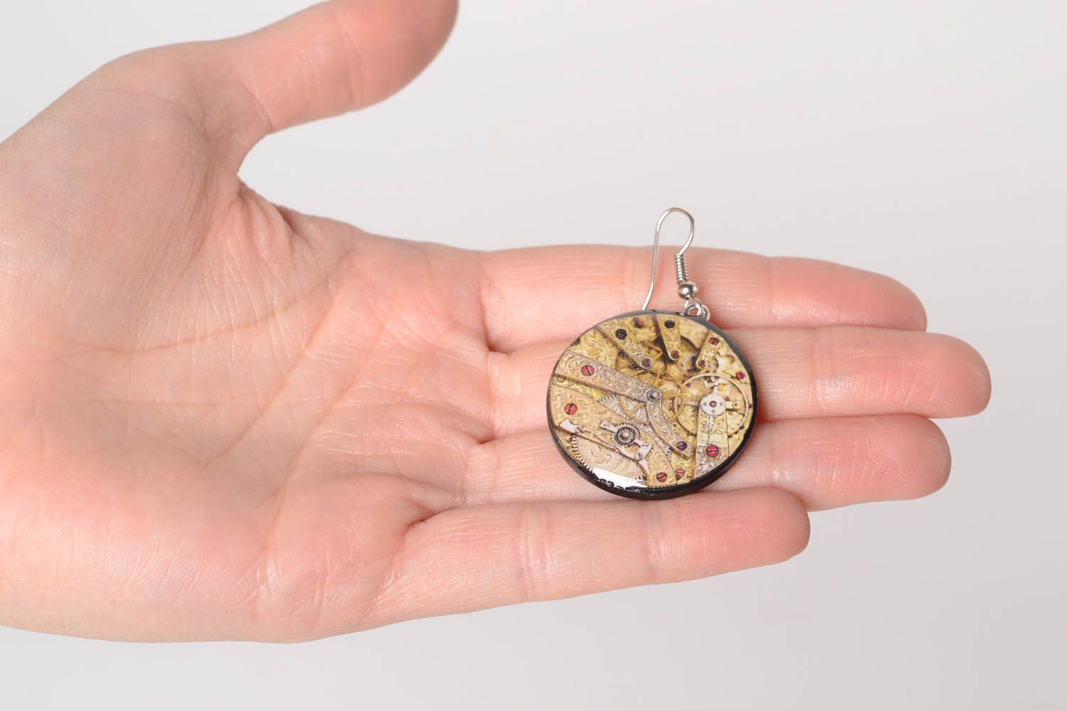 Trendy earrings handmade accessories round decoupage earrings with watch parts  photo 2