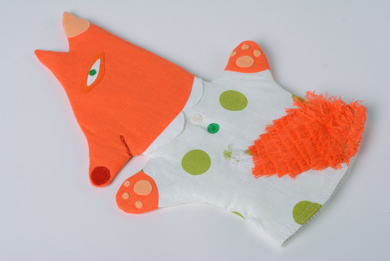 Handmade funny hand puppet sewn of linen and coarse calico orange fox for kids photo 2