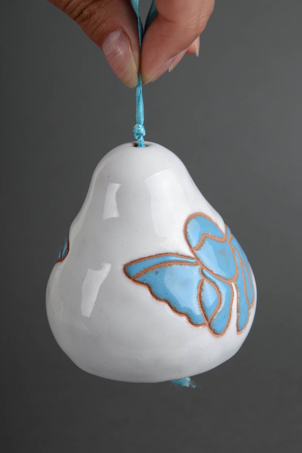 Handmade decorative white painted ceramic bell with blue angel on ribbon photo 5