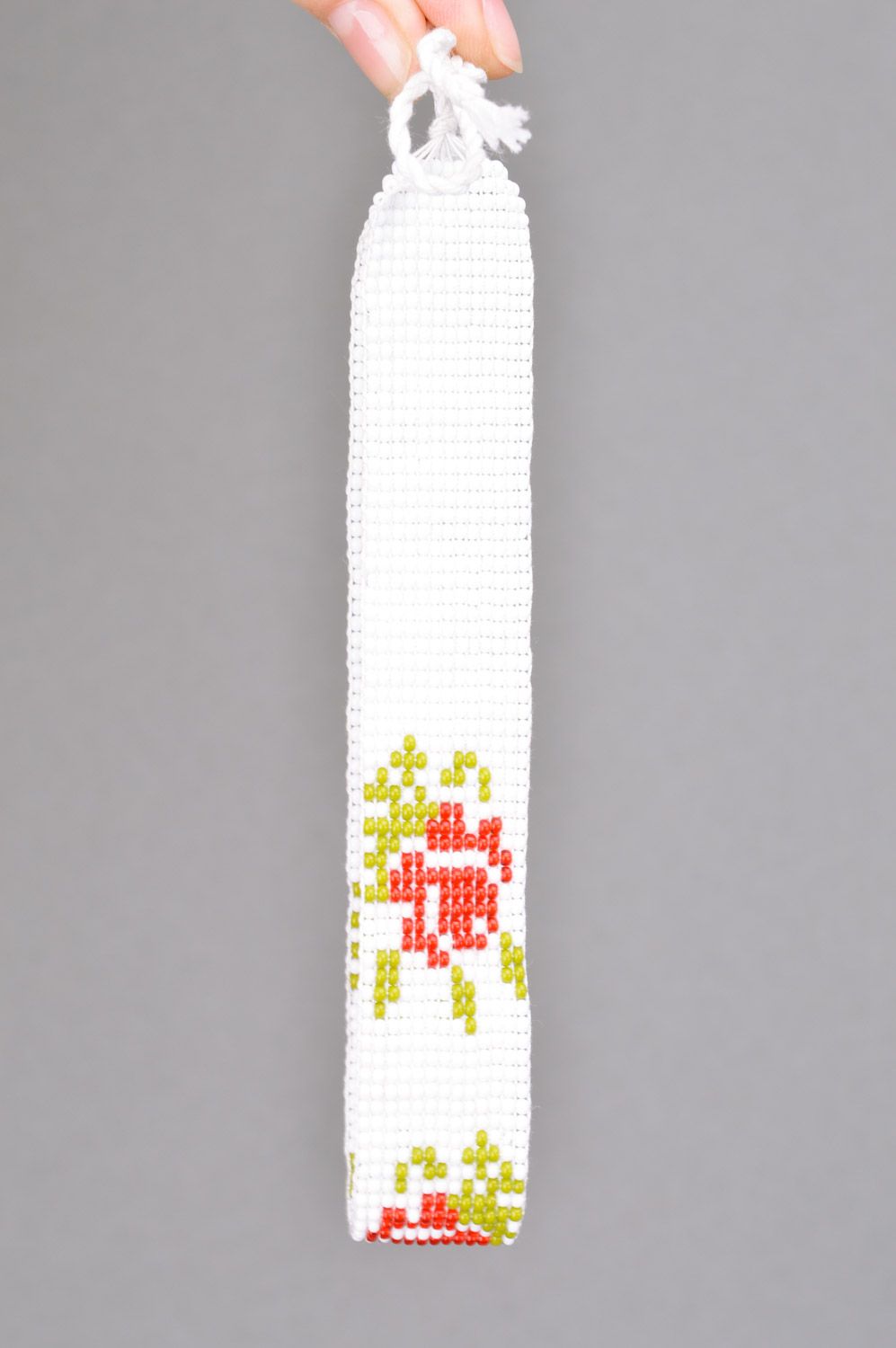 Handmade white collar necklace woven of Czech beads with flower ornament on ties photo 3