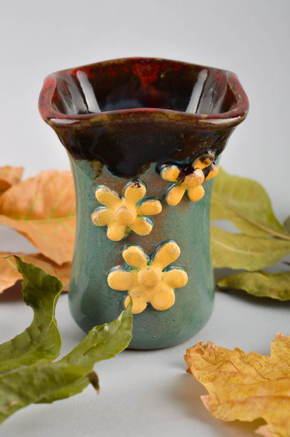 5 oz ceramic glazed handmade flower vase in green and brown color with yellow flowers photo 1