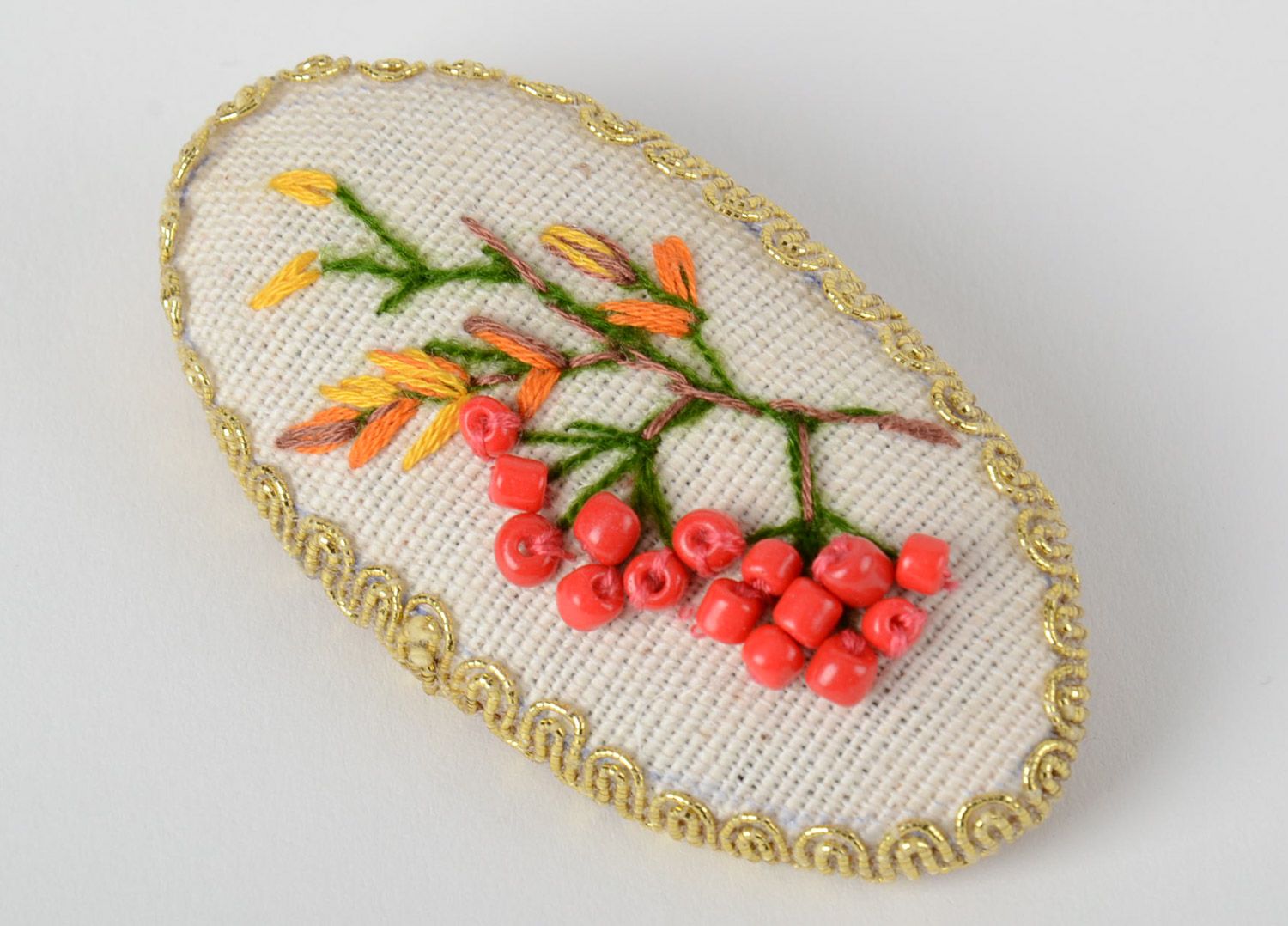 Handmade textile oval brooch with silk threads embroidery  photo 2