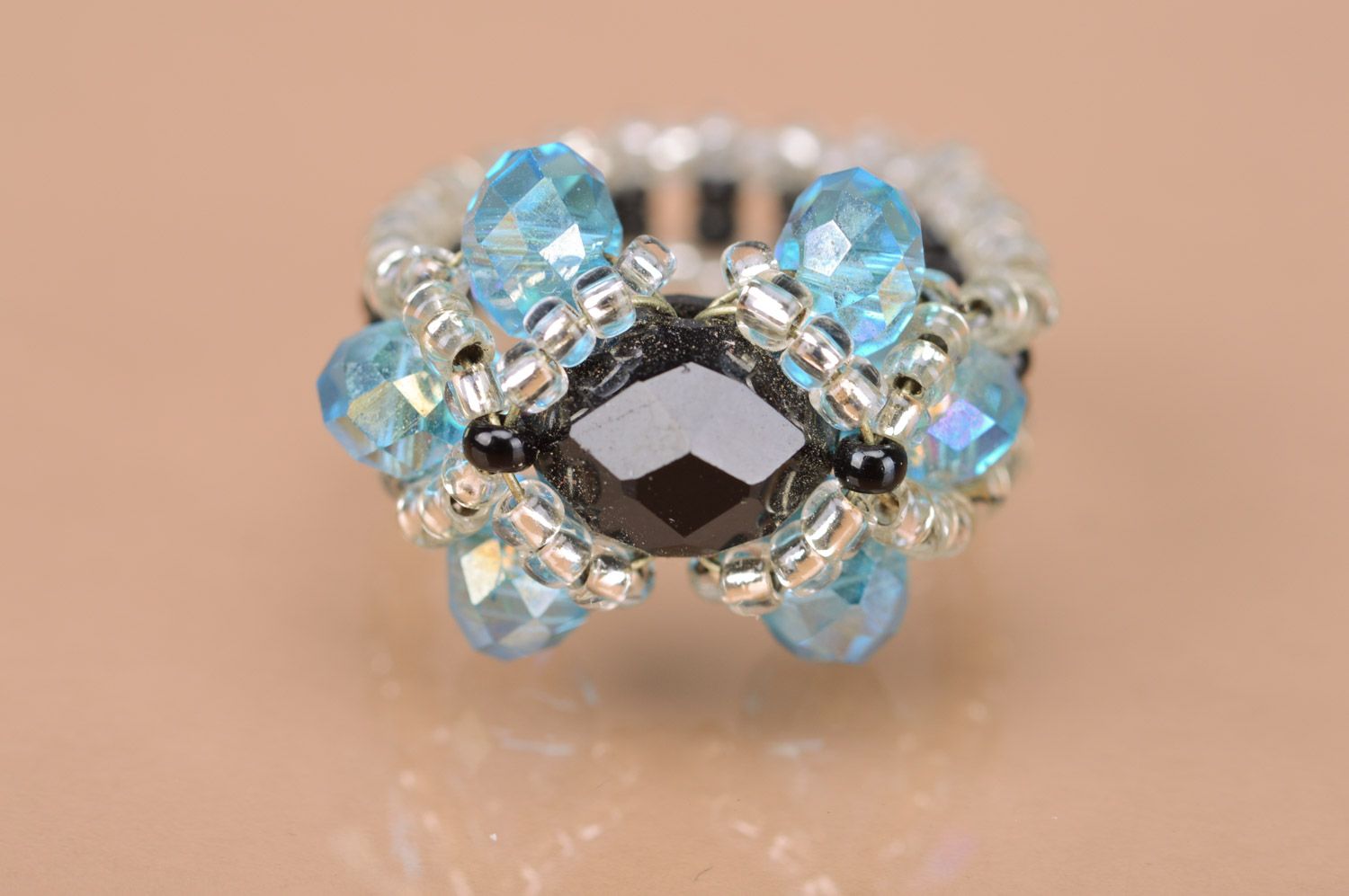 Beautiful elegant handmade beaded flower ring of blue and black colors photo 5