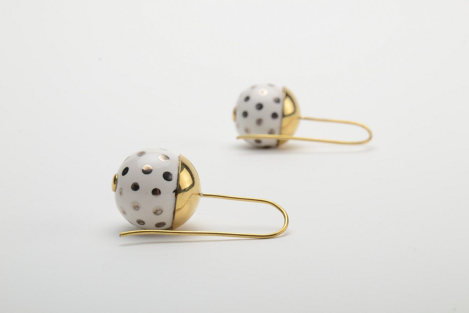 Handmade polka dot ceramic ball earrings in brass frame with long ear wires photo 4