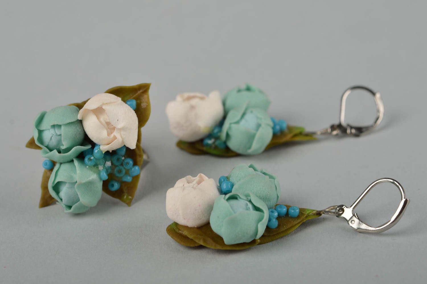 Set of handmade jewelry polymer clay jewelry long earrings stylish ring  photo 4