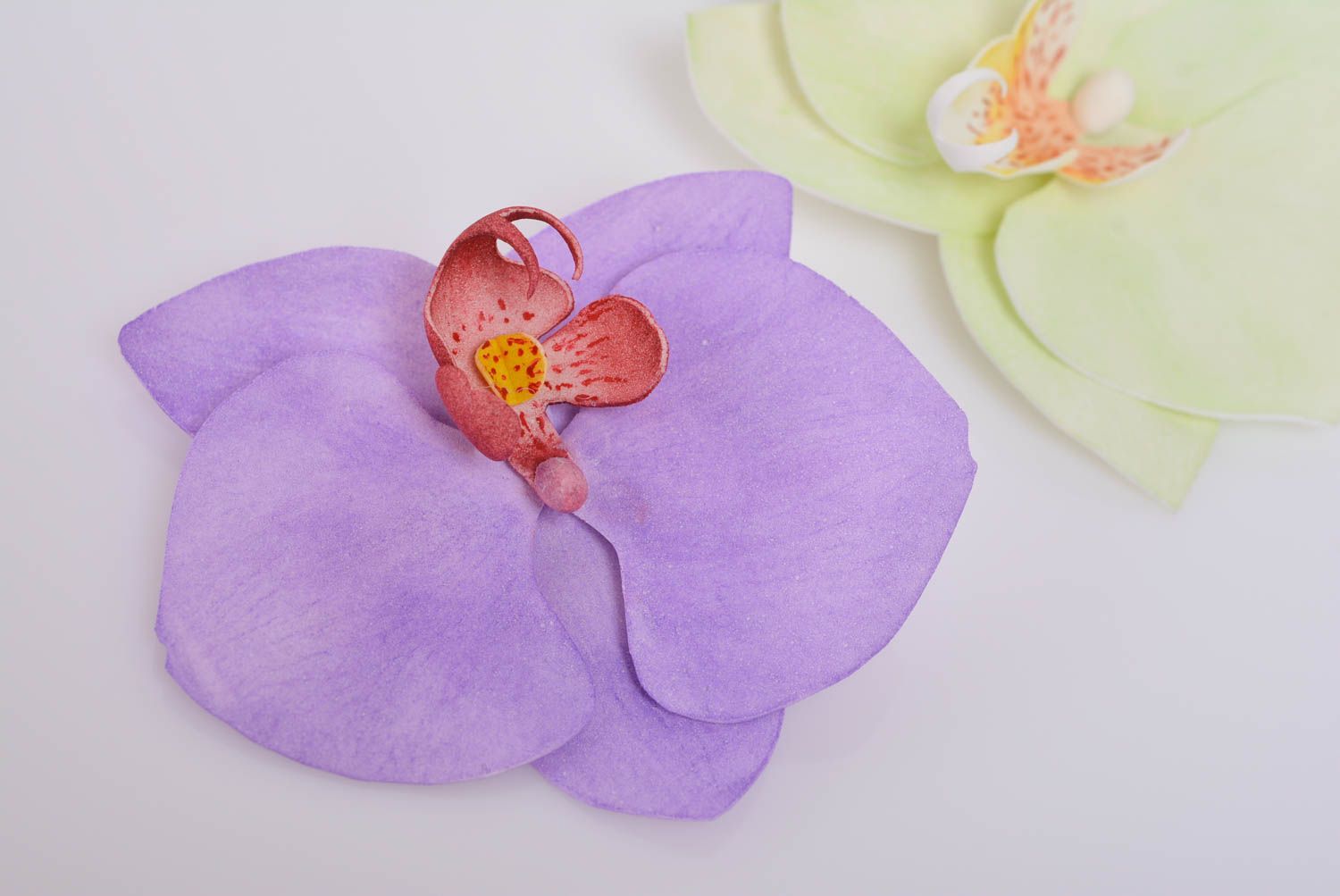Handmade designer hair clip with metal basis and foamiran violet orchid flower photo 4