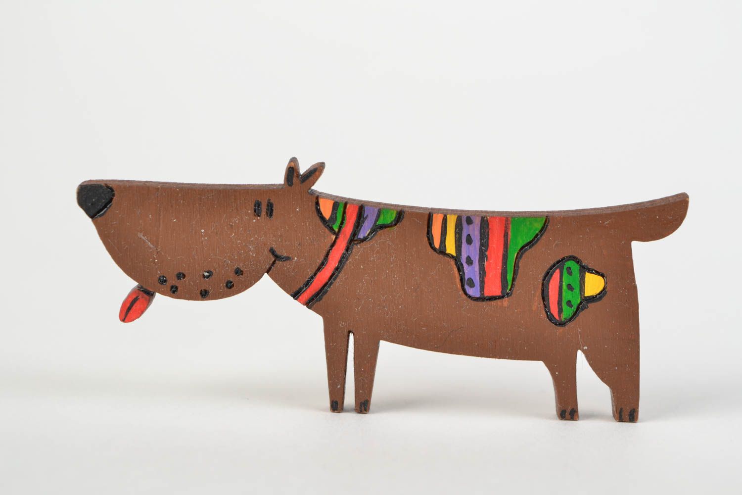 Handgemachte Brosche aus Holz in Form vom Hund mit Acrylfarben bemalt wunderschön foto 1