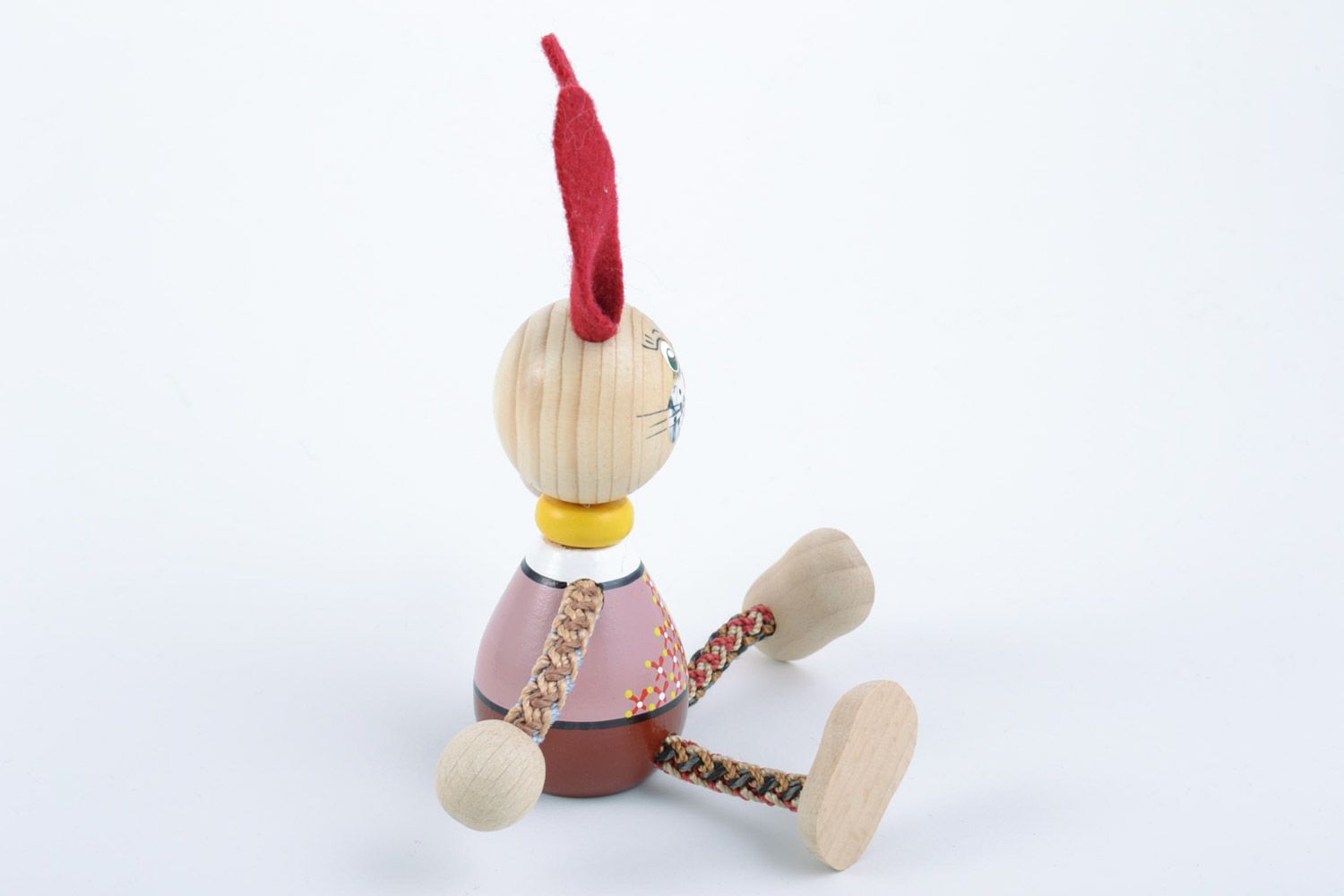 Small funny painted toy hand made of beech wood rabbit with red ears for kids photo 4