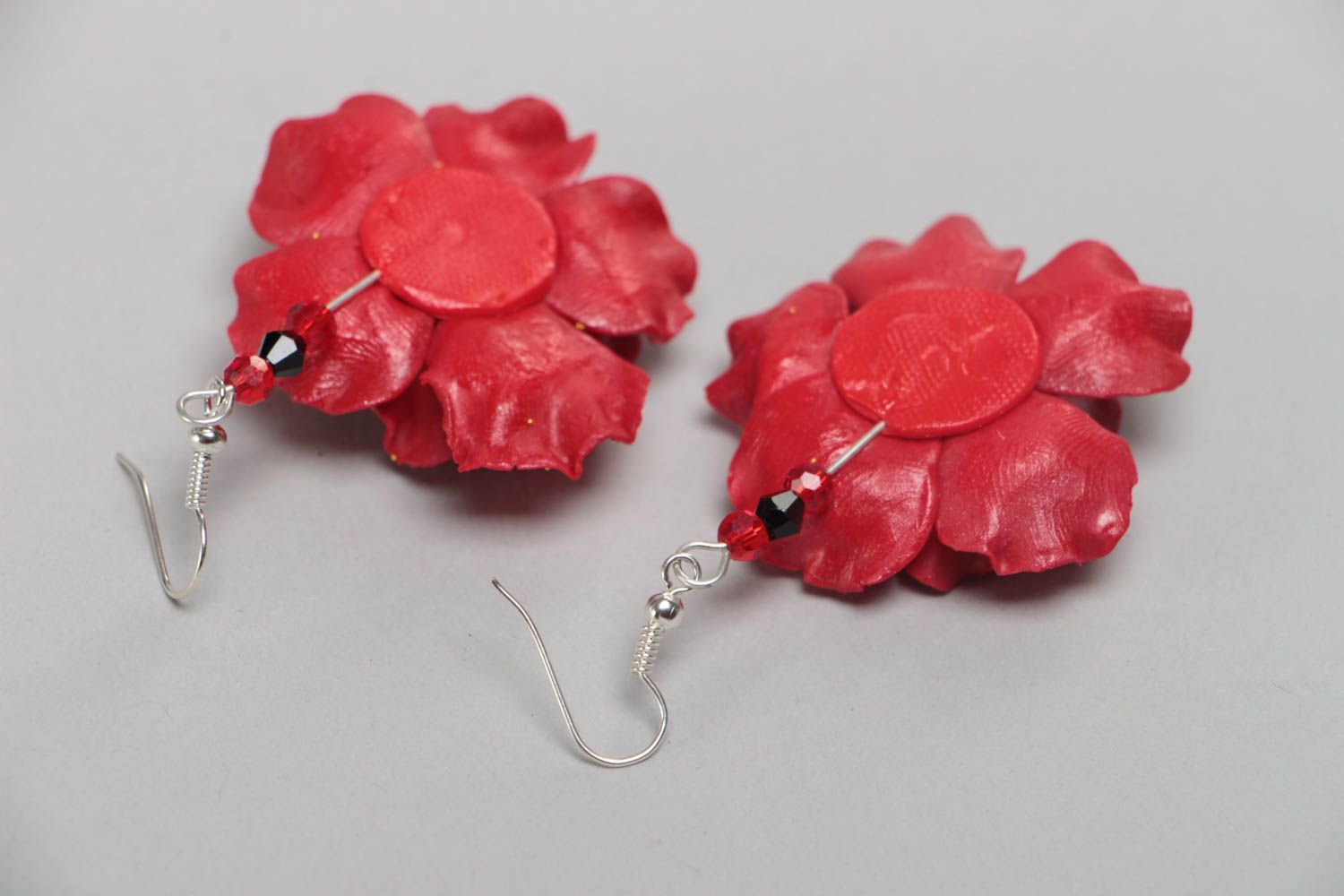 Red earrings made of polymer clay with flowers handmade elegant jewelry photo 4