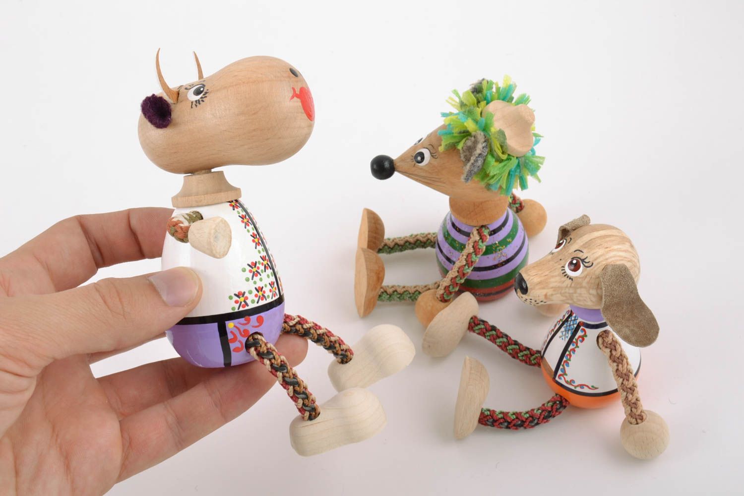 Set of 3 handmade colorful painted wooden eco toys cow mouse and dog for kids photo 5