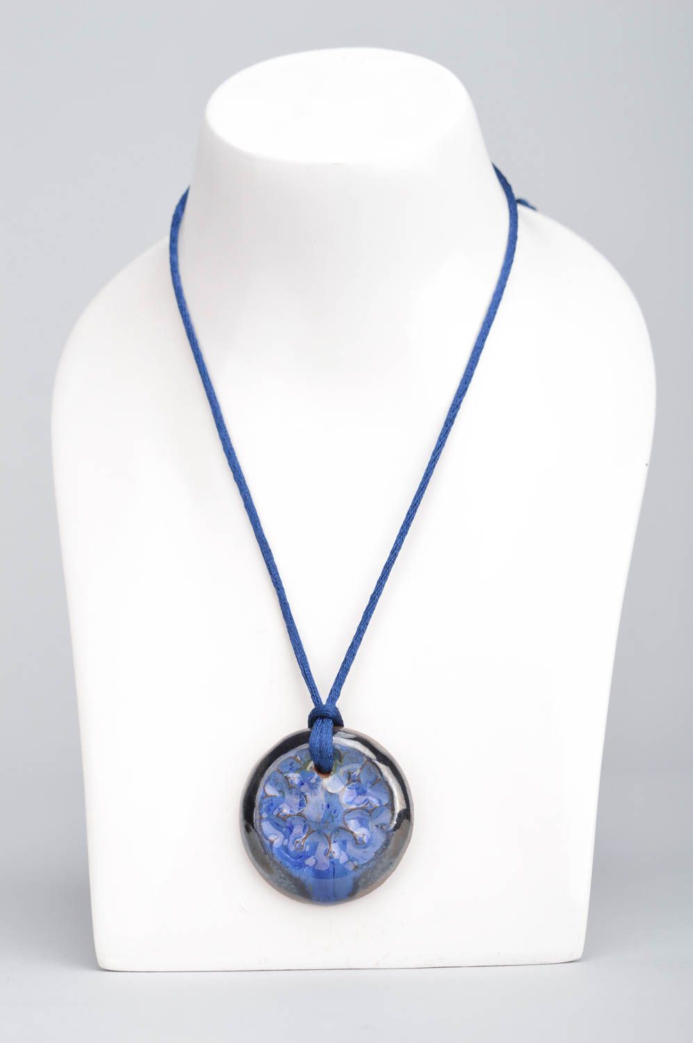 Blue clay handmade unusual designer stylish beautiful round pendant on lace photo 5