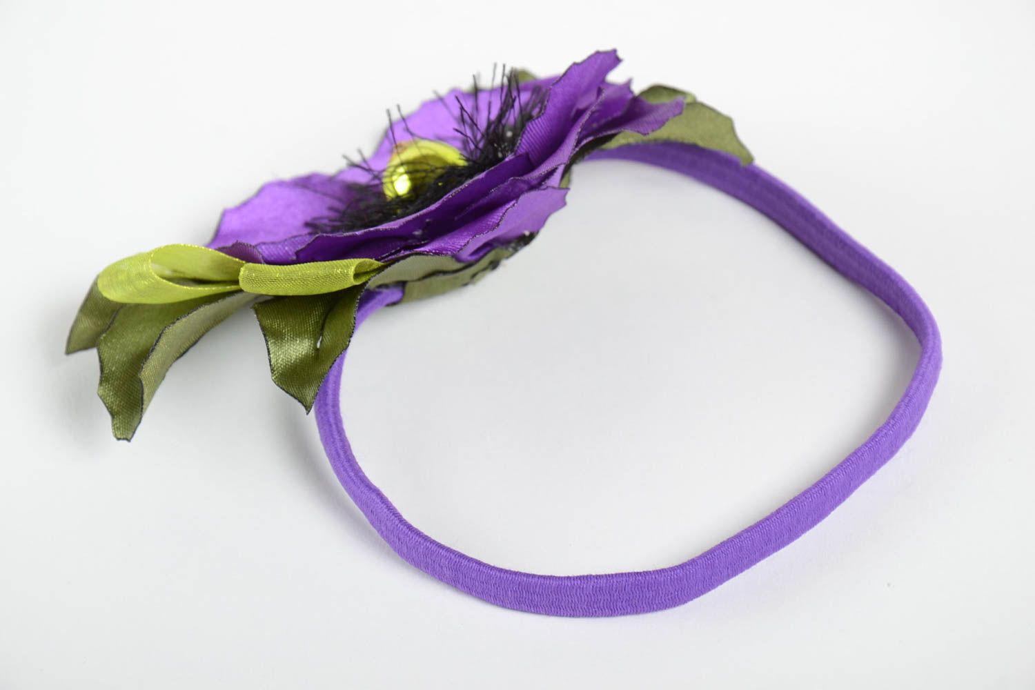 Повязка с цветком на голову фиолетовая красивая необычная женская ручной работы фото 5