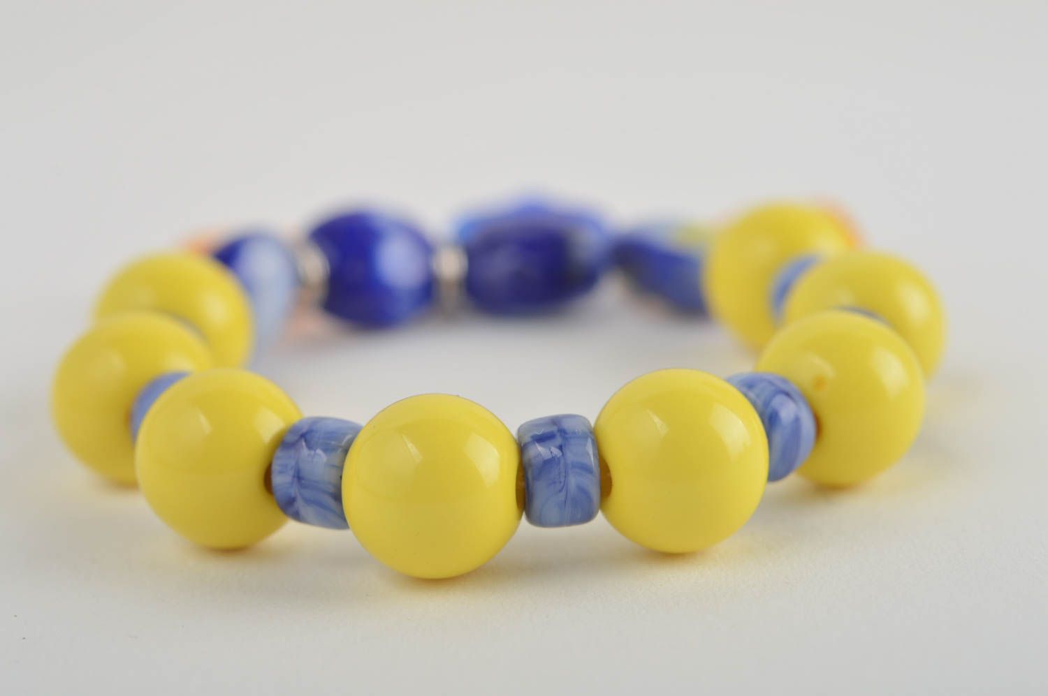Yellow and blue beads bracelet on elastic cord cute with orange charms for girls  photo 5