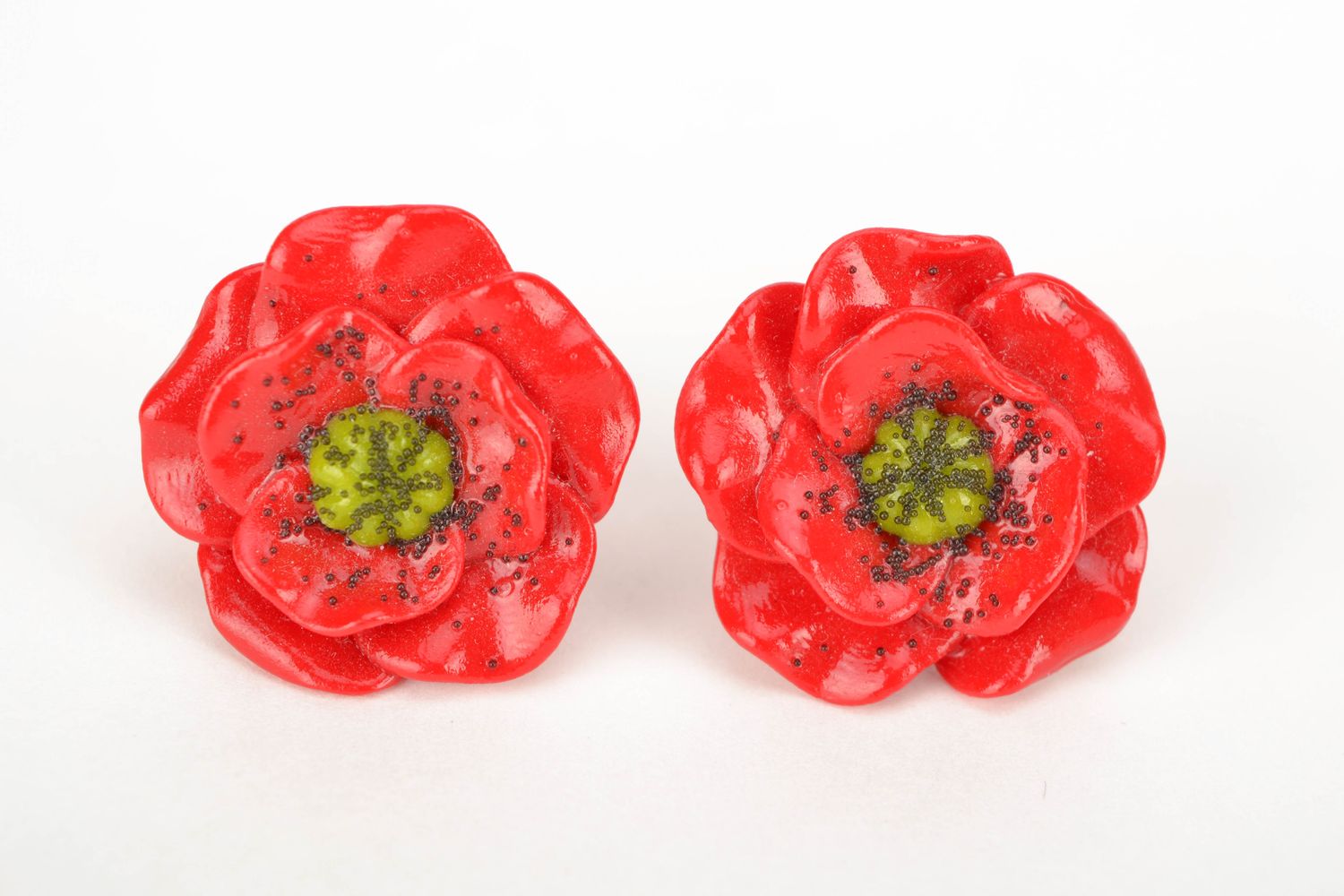 Polymer clay stud earrings in the shape of red poppies photo 3