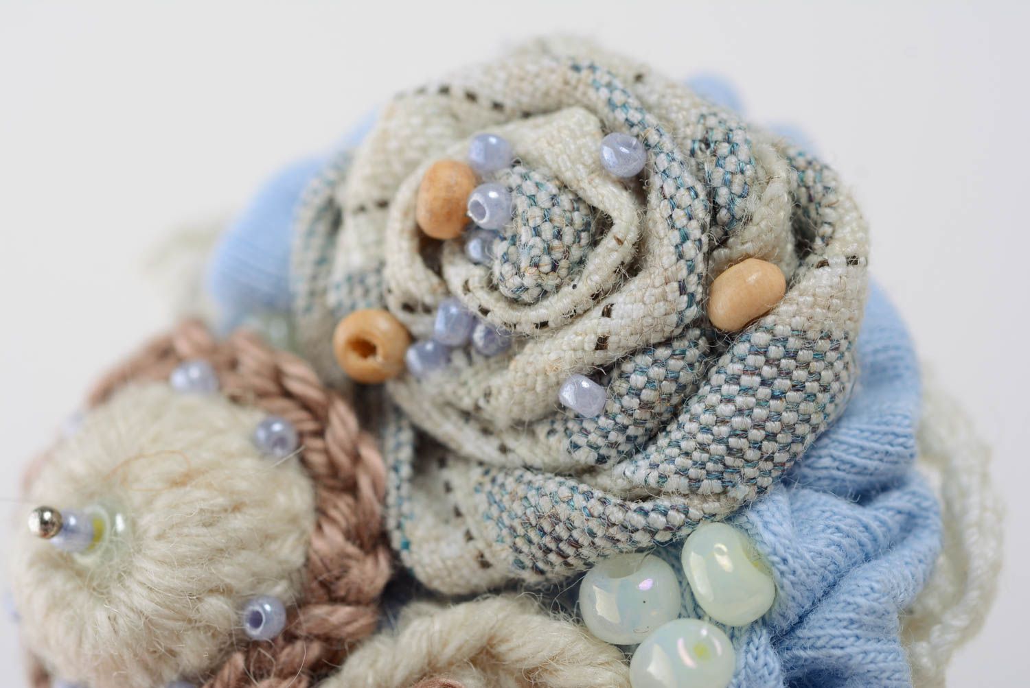 Handmade designer tender blue and beige woolen crochet brooch with beads  photo 4
