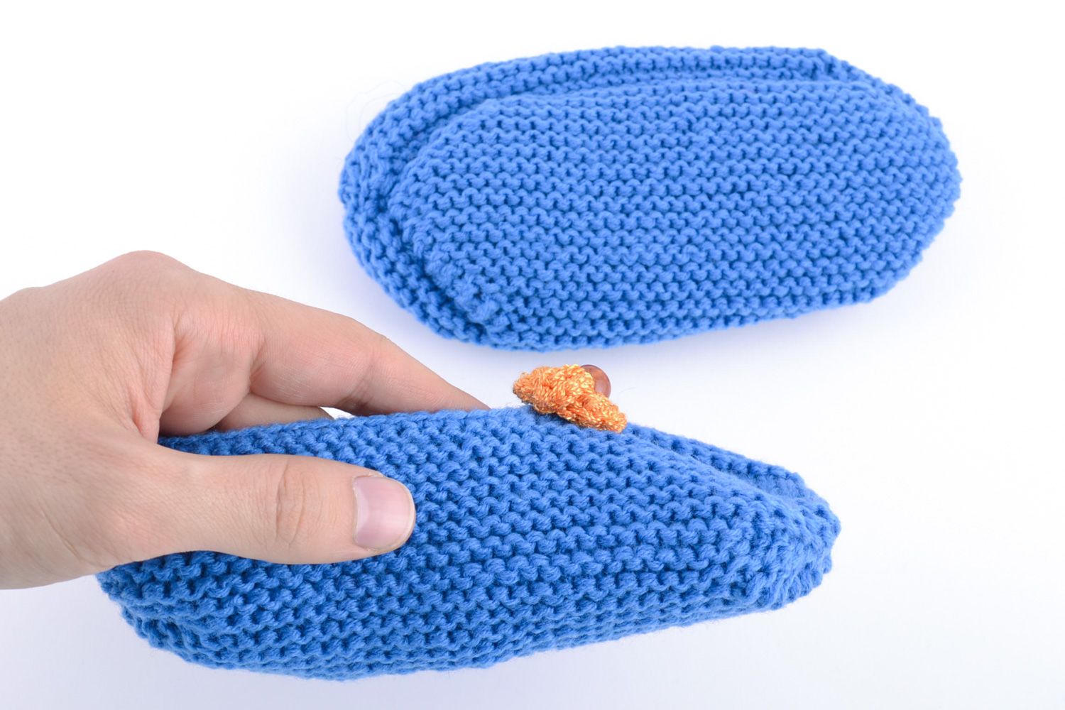 Beautiful designer handmade women's knitted half-woolen slippers of blue color photo 4