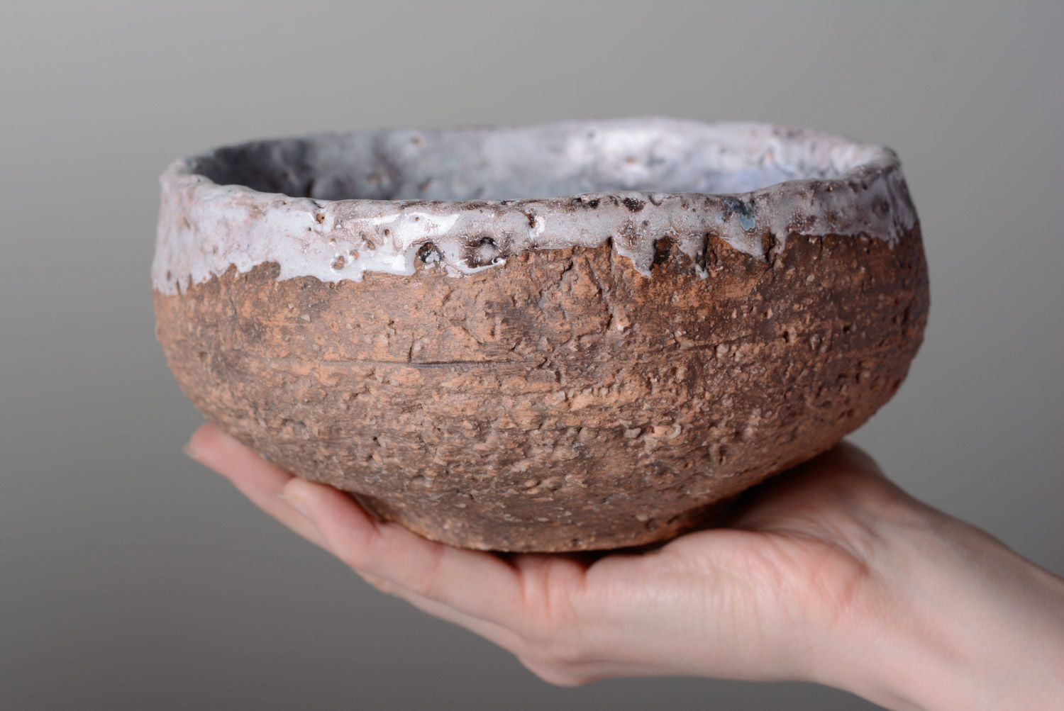 Brown handmade clay soup bowl with unusual texture photo 4