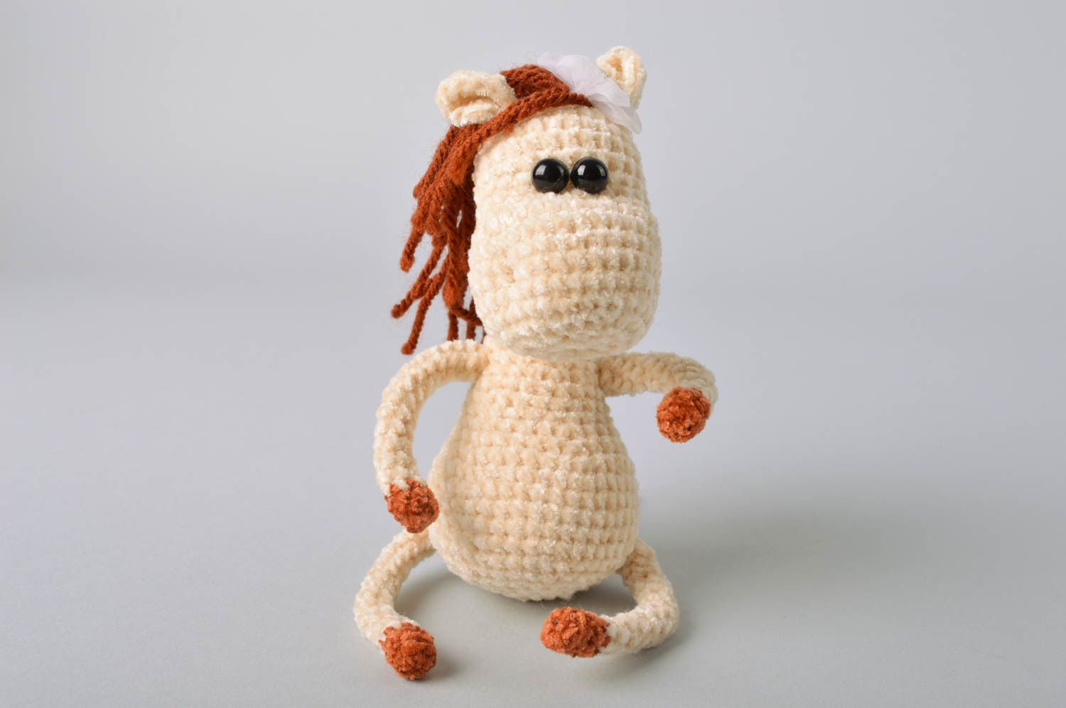 Handmade small soft toy crocheted of velour threads cute horse with brown mane photo 2