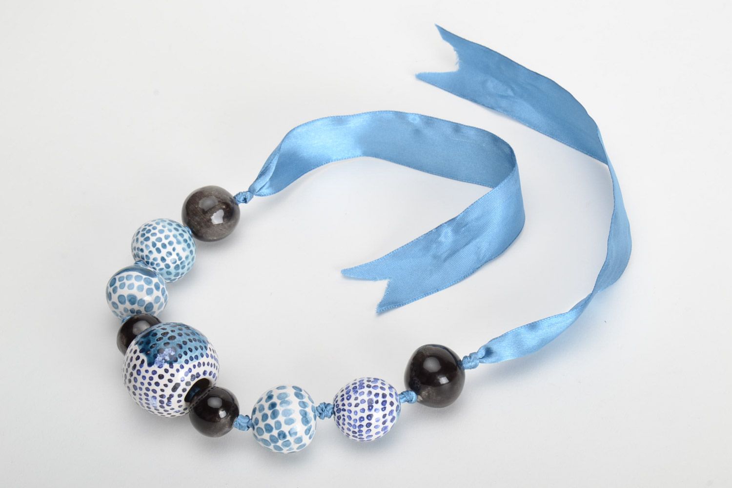 Light blue handmade large ceramic bead necklace painted with enamel photo 2