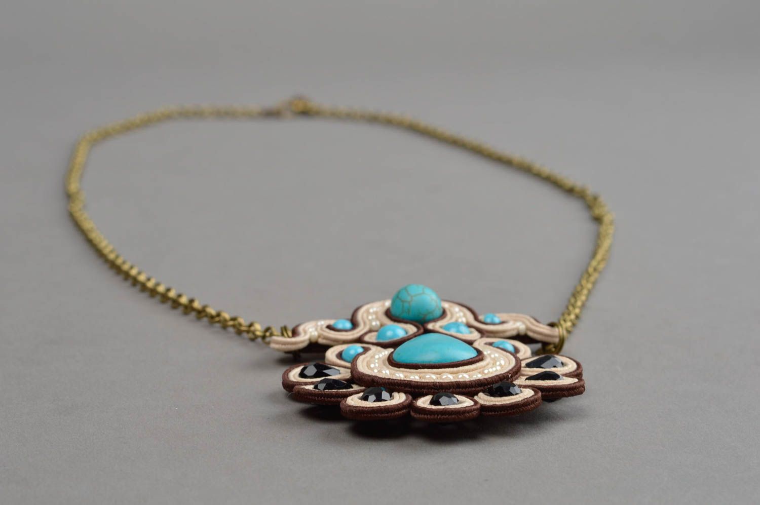 Handmade soutache pendant beaded accessory on chain cute stylish jewelry photo 3