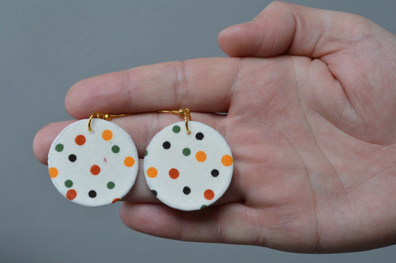 Beautiful handmade colorful dotted fabric round earrings of light color photo 3