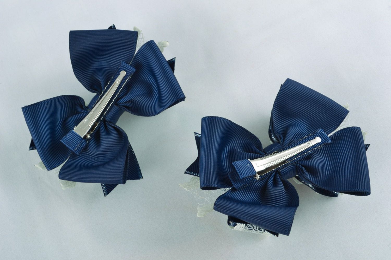 Set of blue handmade hair bows 2 pieces textile hair clips photo 3
