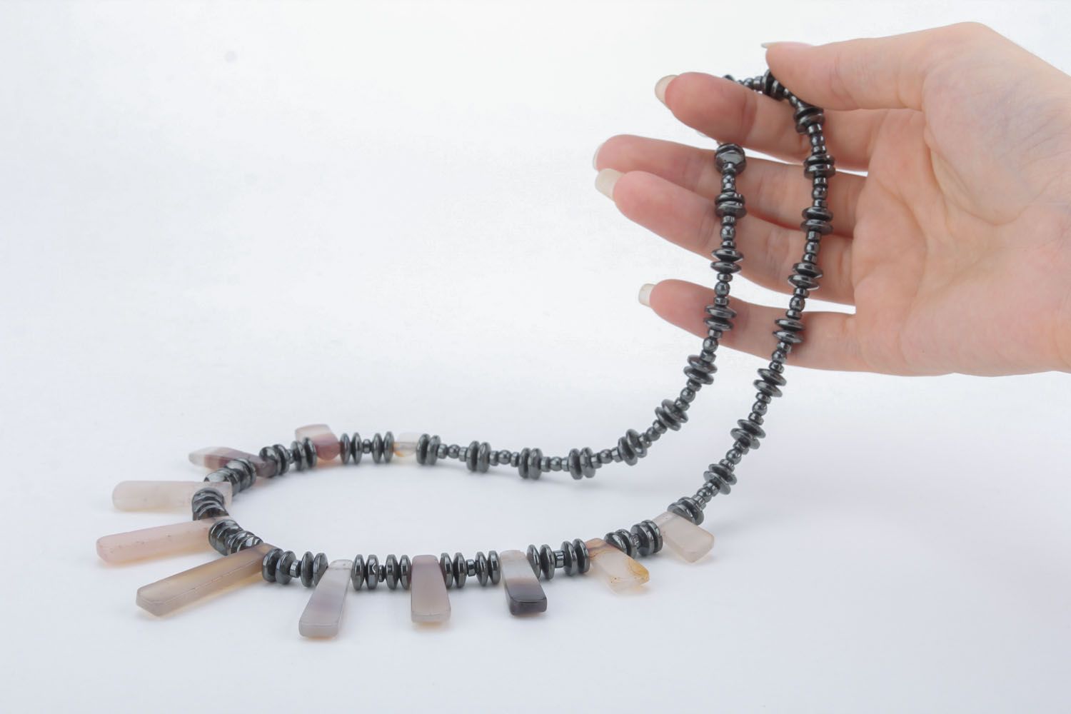 Bead necklace with natural stones in gray color palette photo 5