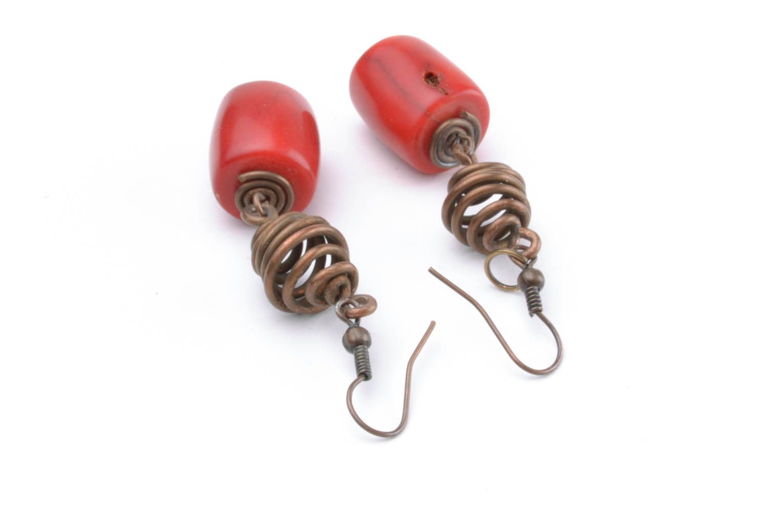 Copper earrings with coral stones photo 5