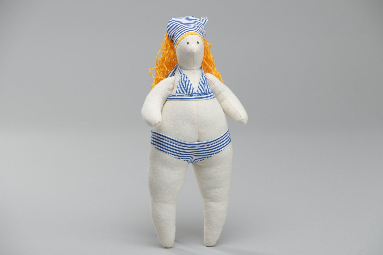 Handmade soft toy sewn of cotton and linen Girl with yellow hair in swimming suit photo 2