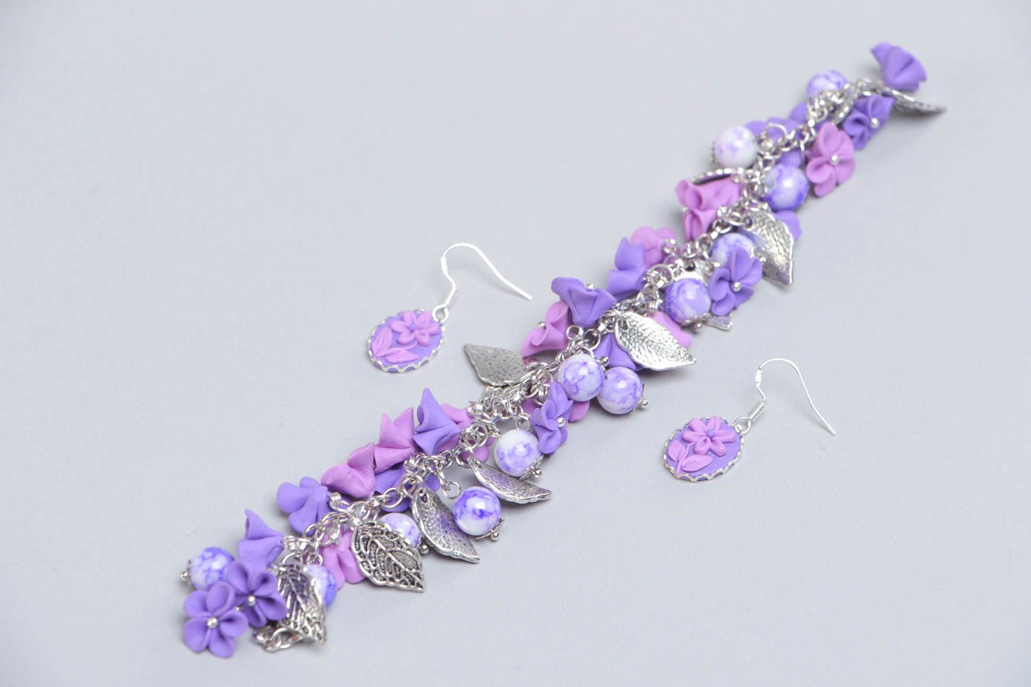 Chain violet flowers' bracelet with earrings for teen girl photo 4