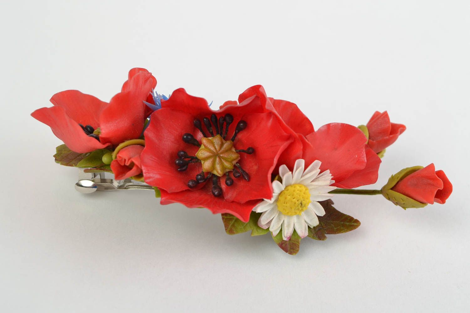 Beautiful homemade cold porcelain hair clip with wild flowers automatic photo 3