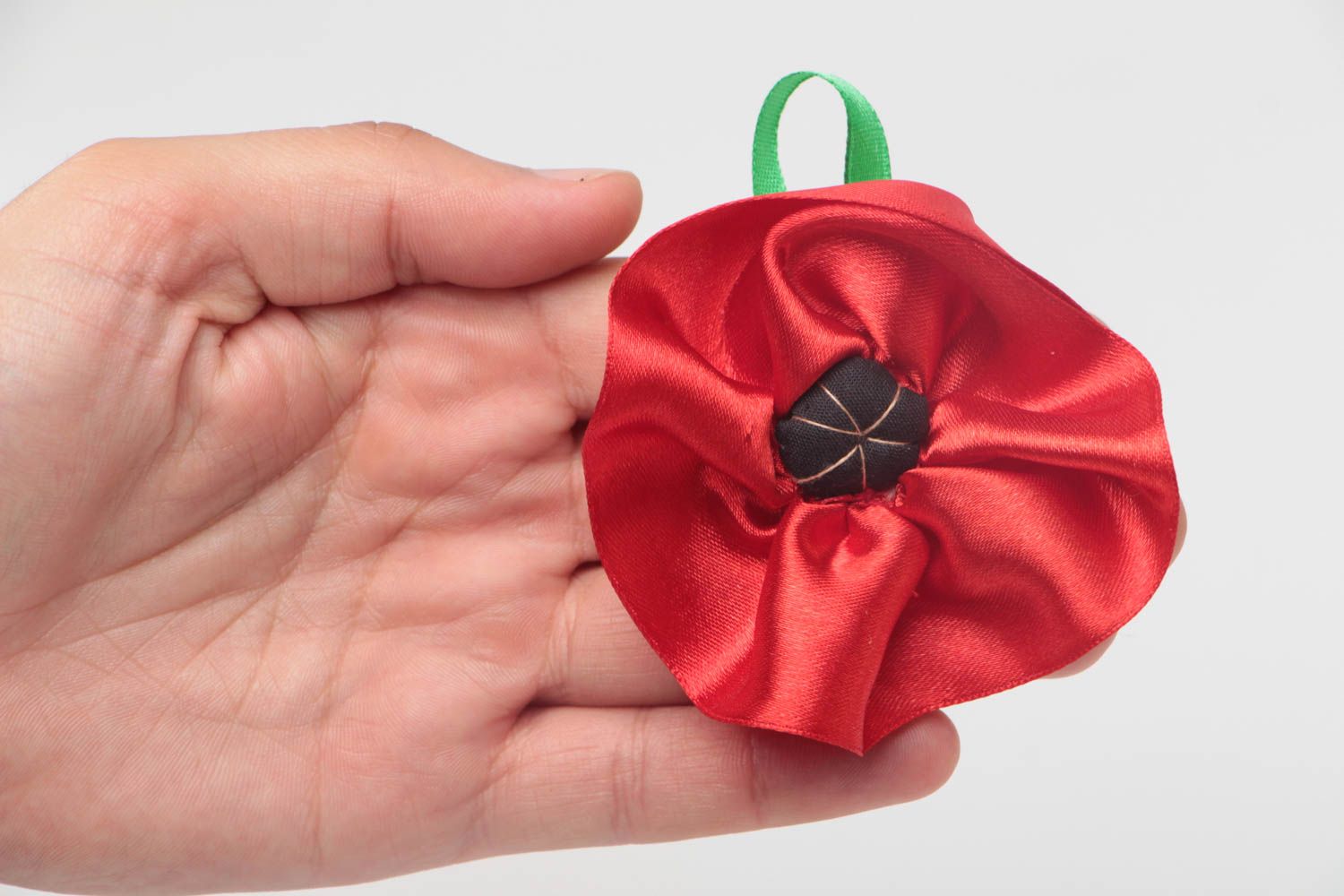 Textile brooch made of satin fabric with red poppy handmade summer accessory photo 5
