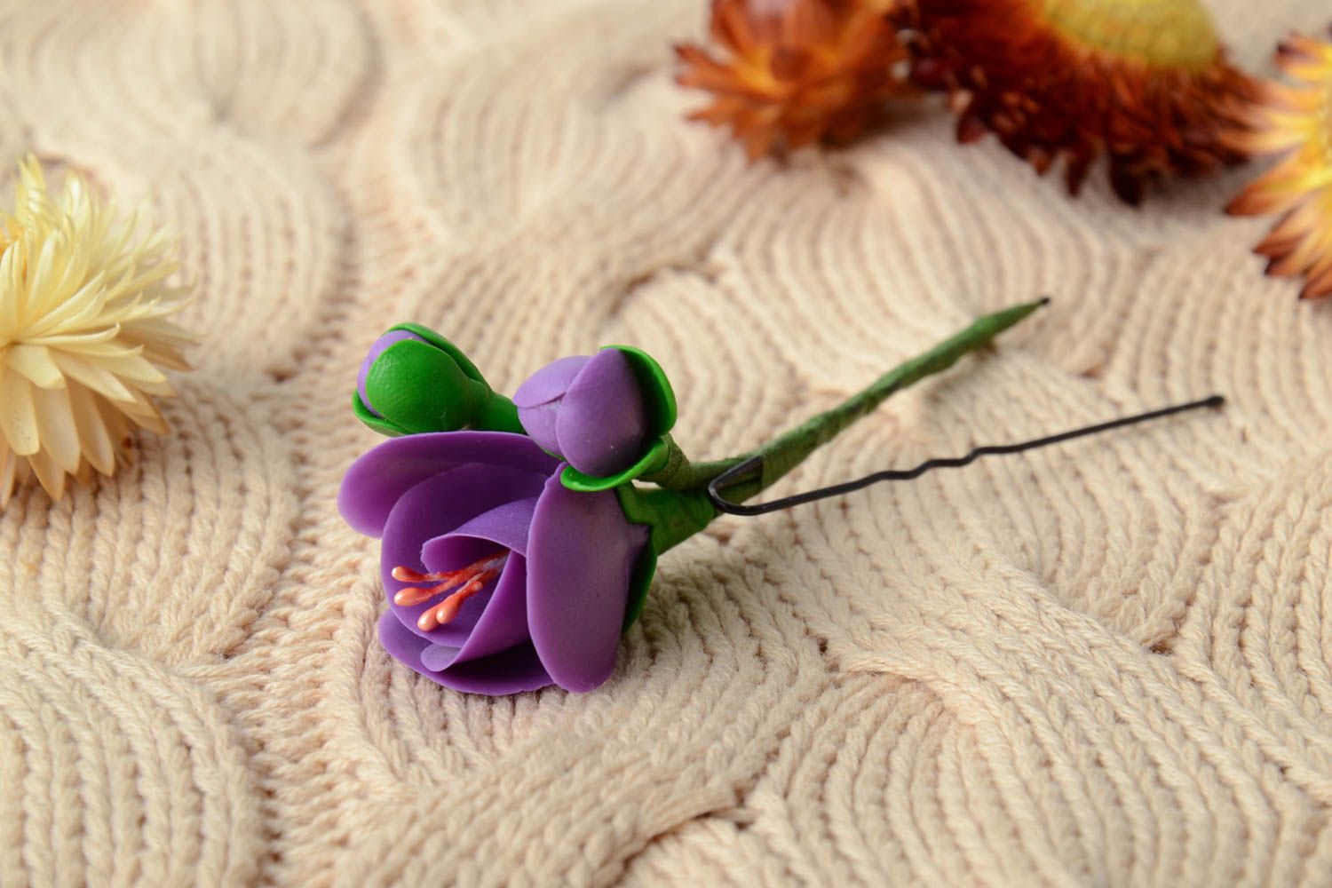Handmade tender decorative hair pin with cold porcelain violet flower  photo 1