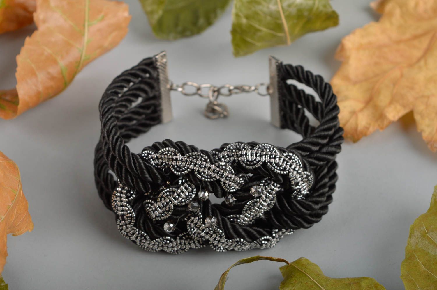Handmade black wrist bracelet beaded textile bracelet designer accessory photo 1