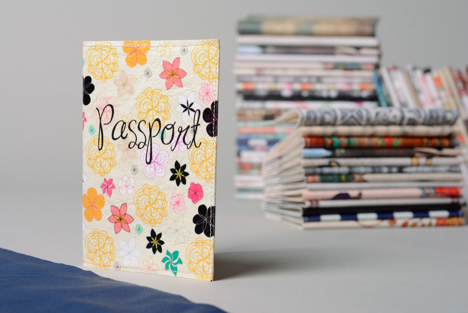 Homemade artificial leather passport cover with flower print photo 1
