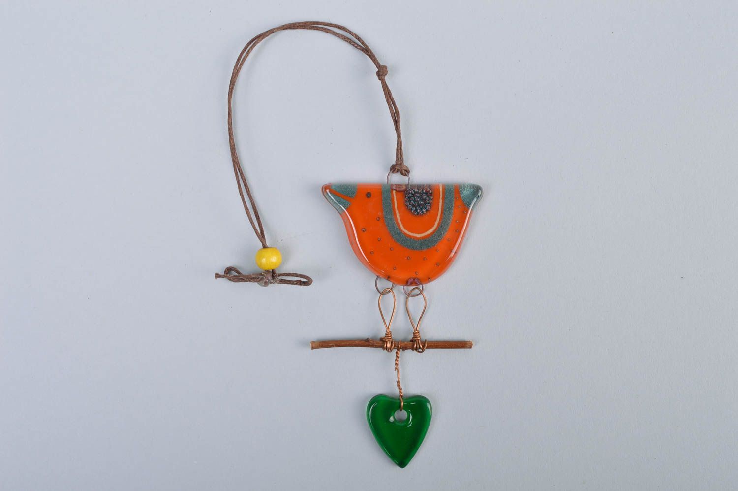 Handmade designer fused glass wall hanging orange bird and green heart photo 2