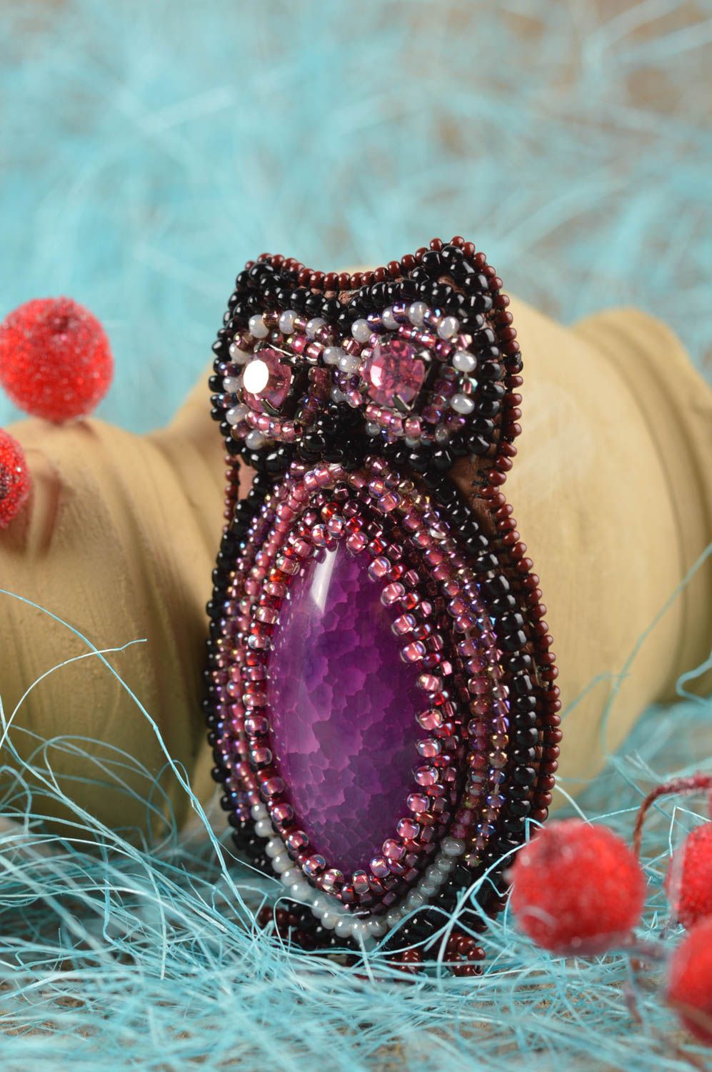 Beautiful handmade beaded brooch leather owl brooch unusual clothes jewelry photo 1