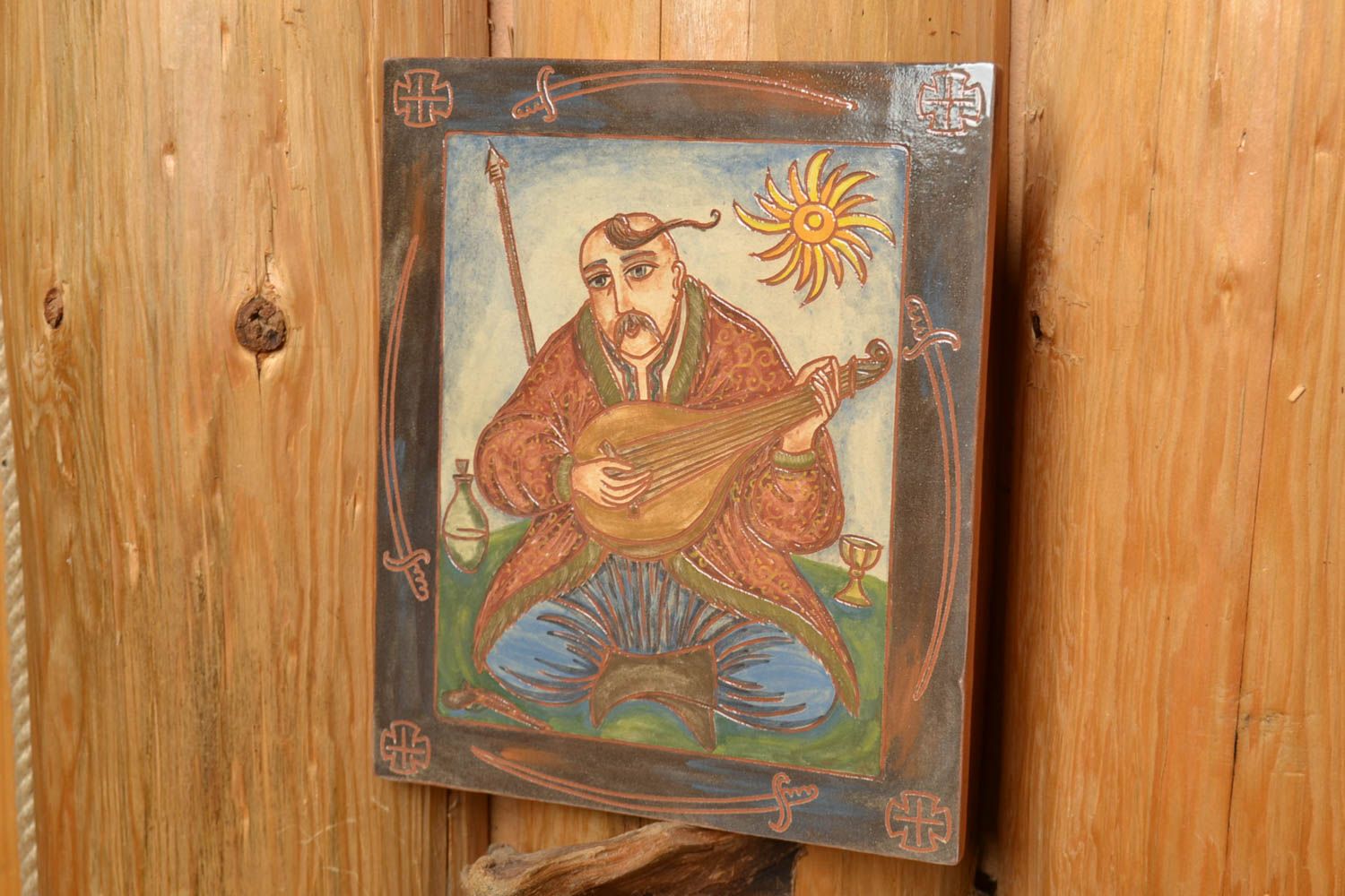 Ceramic tile painted with engobes with painting Cossack Mamay handmade panel photo 1