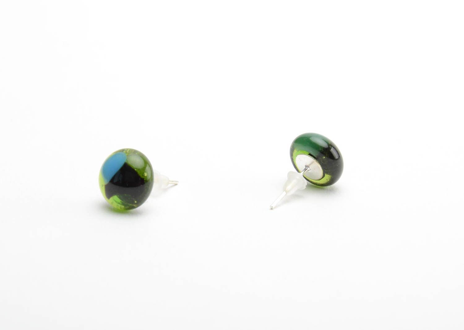 Stud earrings made of fusing glass green handmade designer beautiful jewelry photo 3
