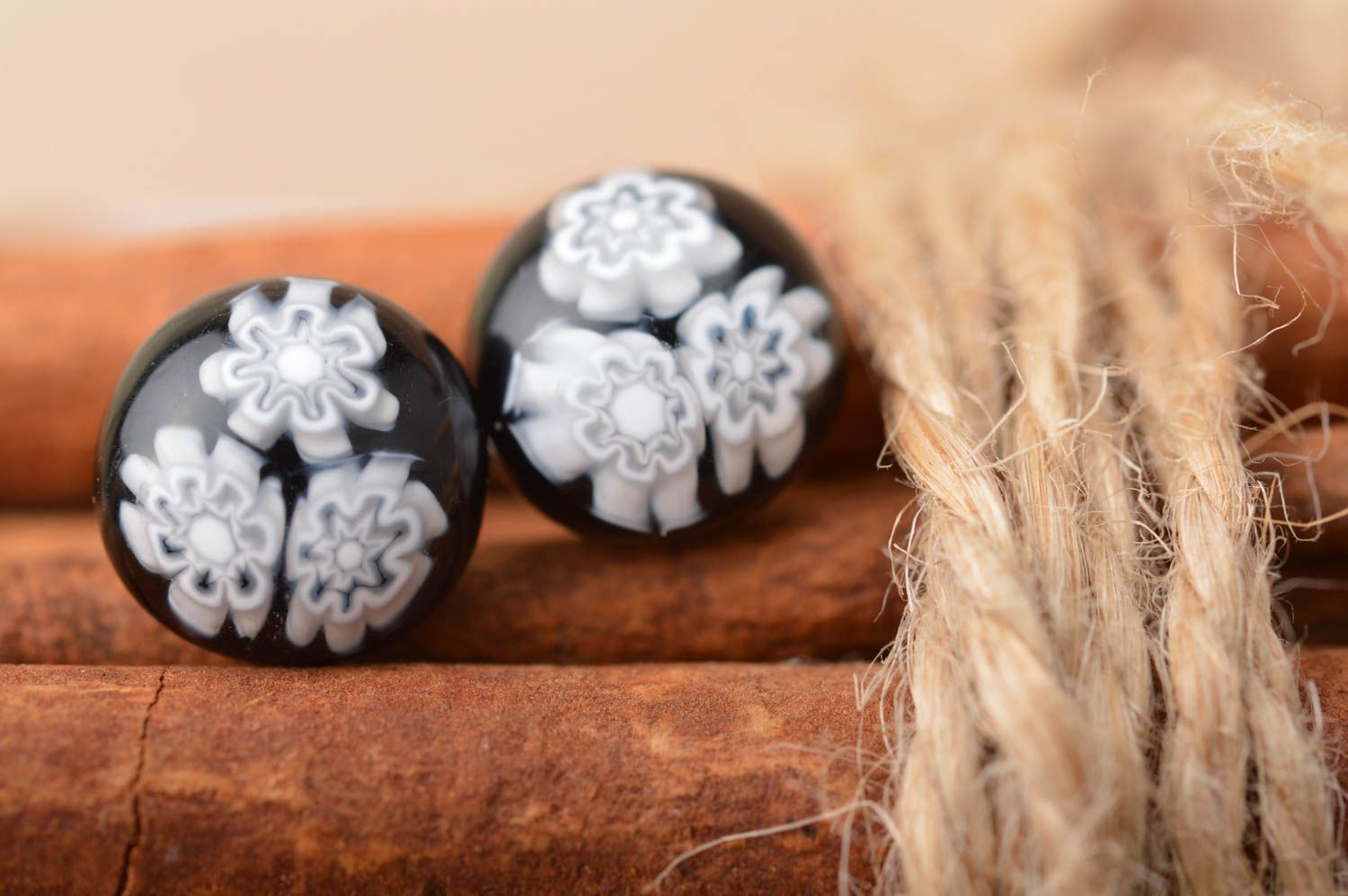 Beautiful black handmade designer millefiori glass earrings with silver fittings photo 1