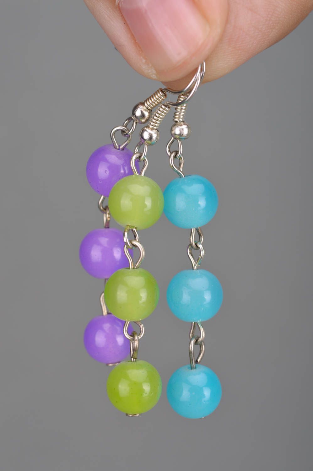 Set of 3 pairs of handmade long dangle beaded earrings green blue and violet photo 3