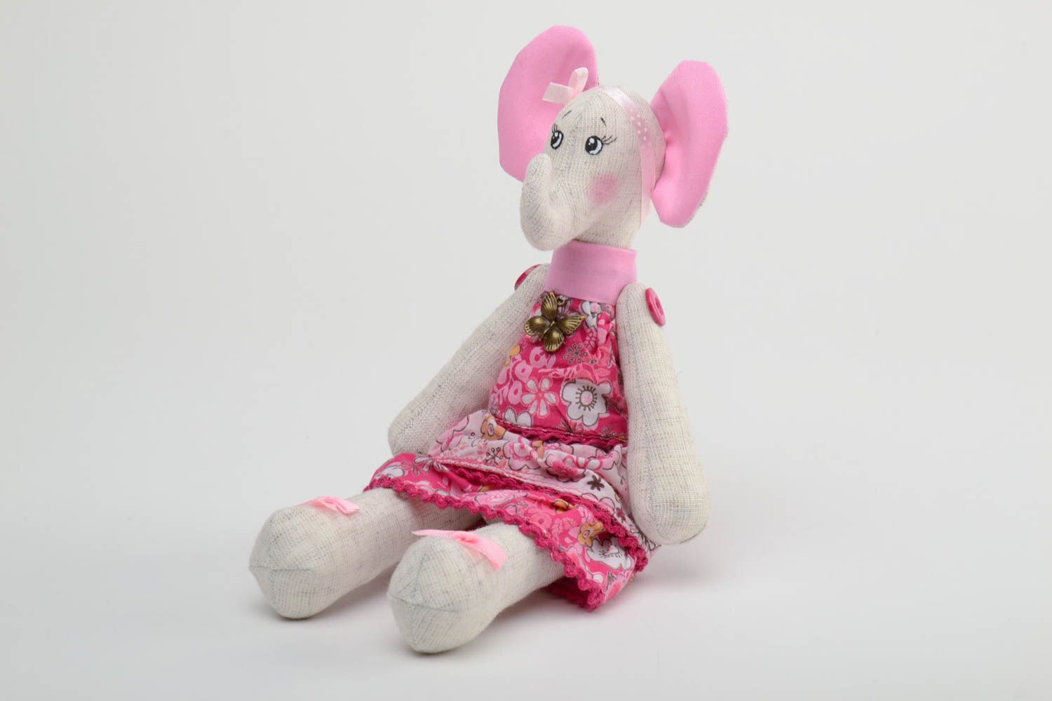 Handmade small soft toy sewn of linen and cotton elephant girl in pink dress photo 3