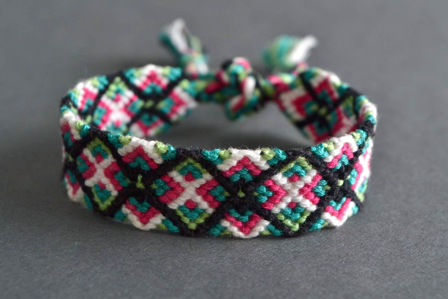 Beautiful bright handmade woven macrame wrist bracelet with ties photo 1