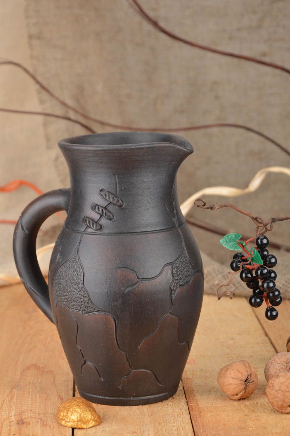60 oz ceramic water jug with handle in dark brown color 2 lb photo 1