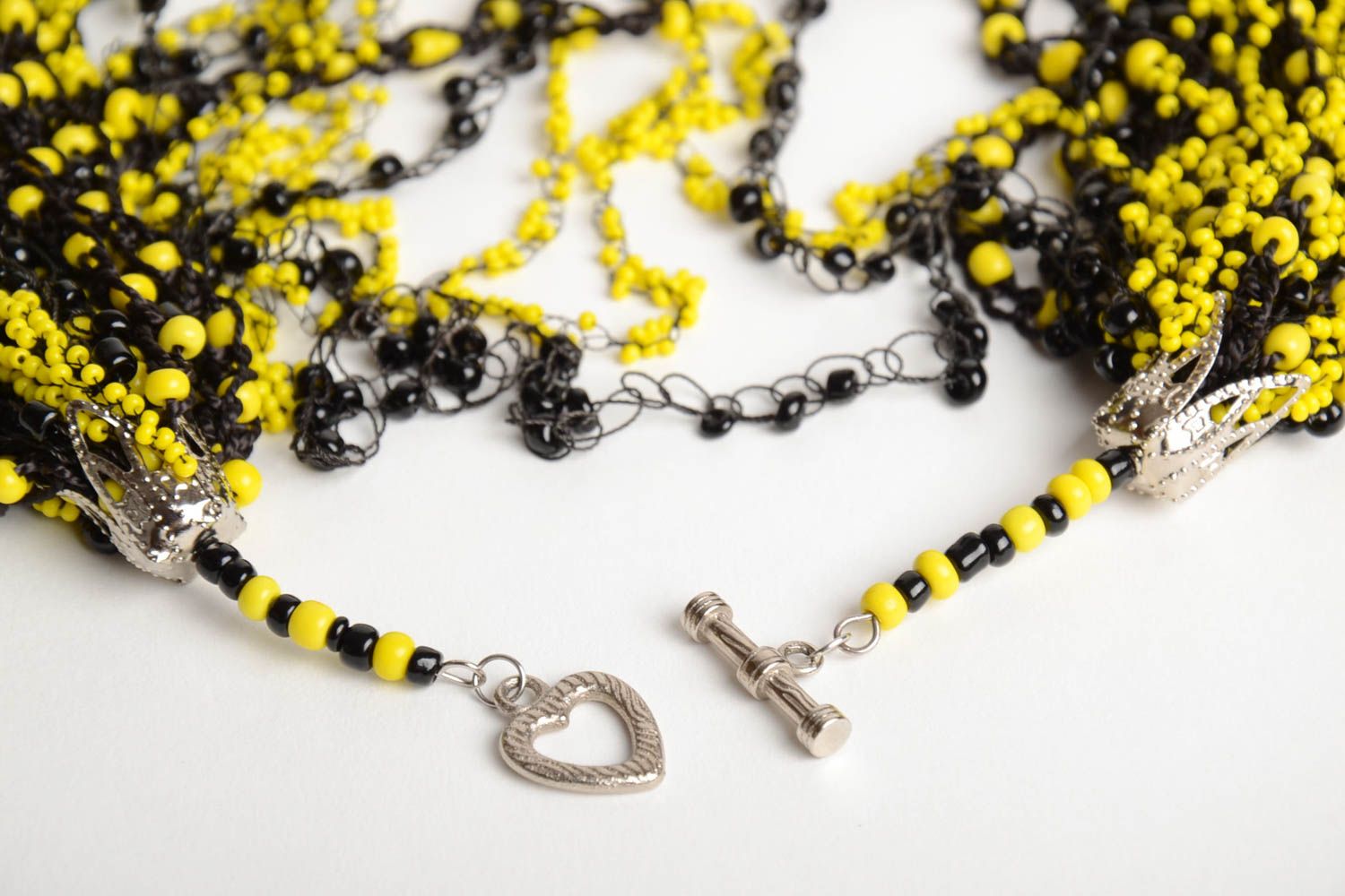 Handmade designer black and yellow multi row necklace crocheted of beads  photo 4