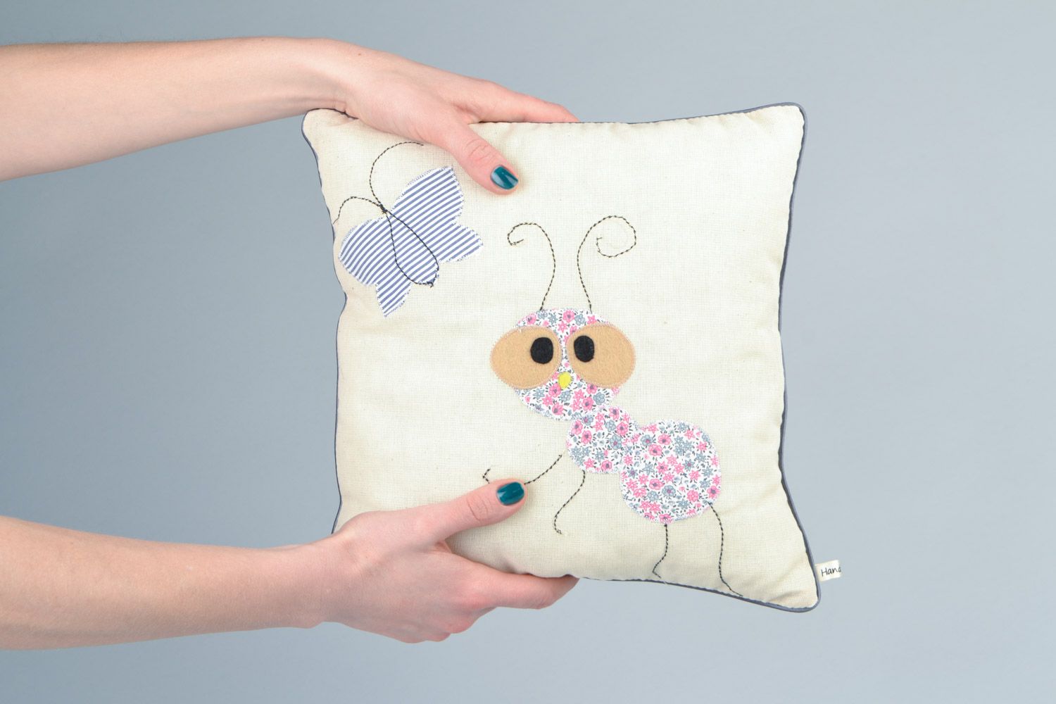 Handmade small decorative white accent pillow with applique work Ant photo 2